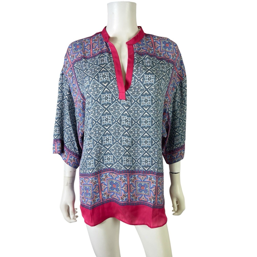 Zara Basic Blouse Tunic Top Pink Blue Batik Oversized Boxy Polyester Size S